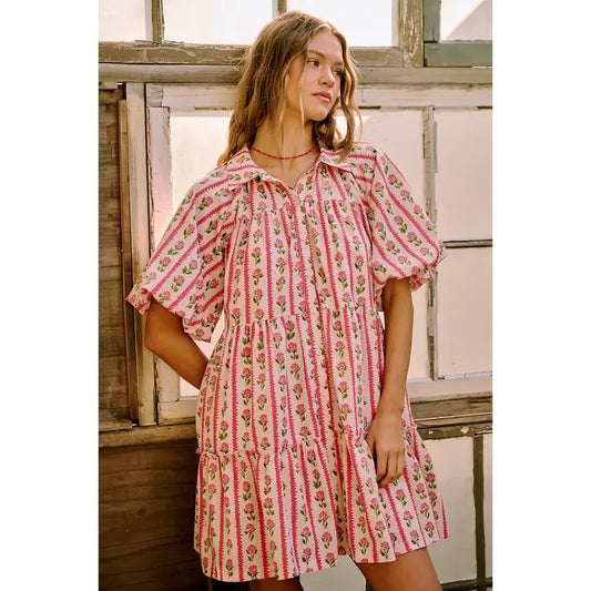 Mittoshop Pink Floral Stripe Print Tiered Mini Shirt Dress