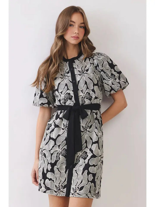 Pretty Follies Black Floral Eyelet Button Front Mini Dress