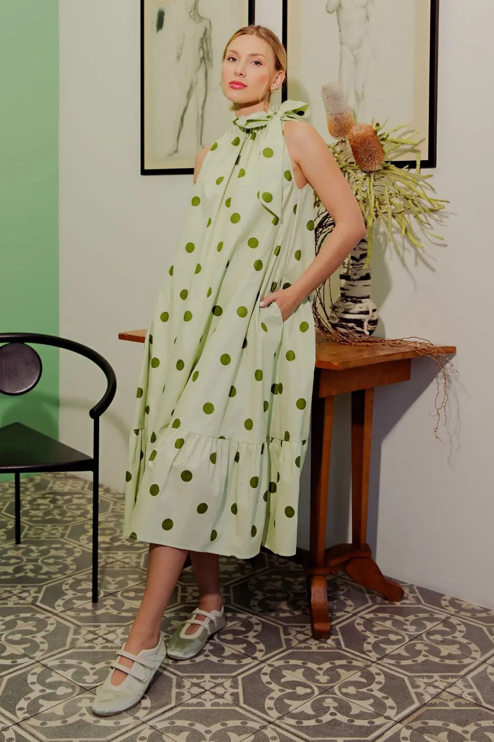 Glam Sage Ruffle Neck Polka Dot Dress