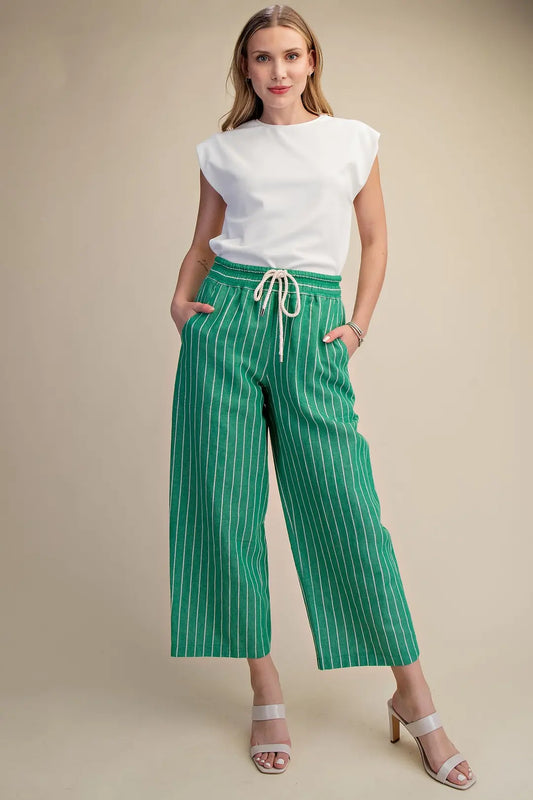 Glam Kelly Green Drawstring Mid-Rise Stripe Wide Pants