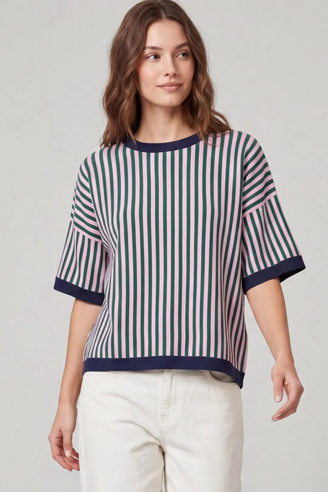 She + Sky Navy/Pink Striped Short Sleeve Sweater (ST2102)