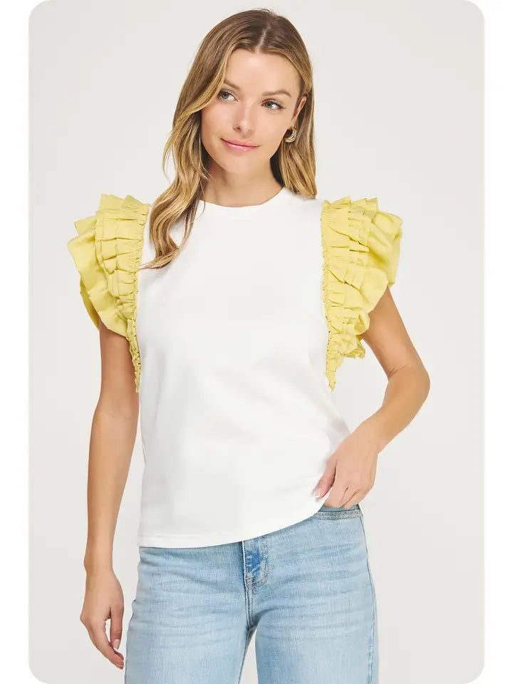 Strut and Bolt Cream/Mustard Ruffle Top