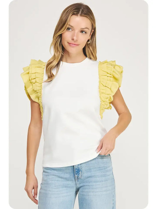 Strut and Bolt Cream/Mustard Ruffle Top