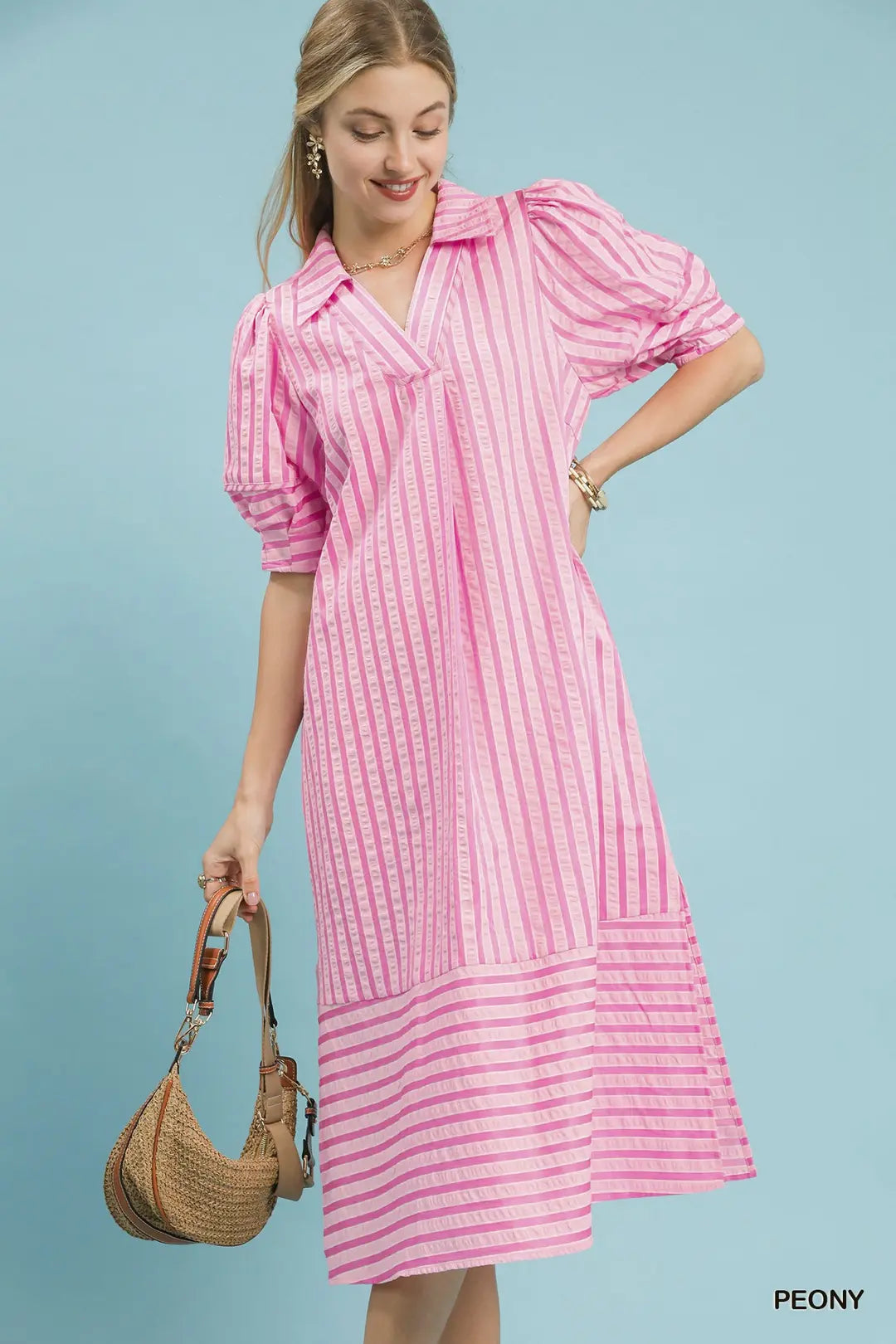 Umgee Pink Striped Puff Sleeve Midi Dress
