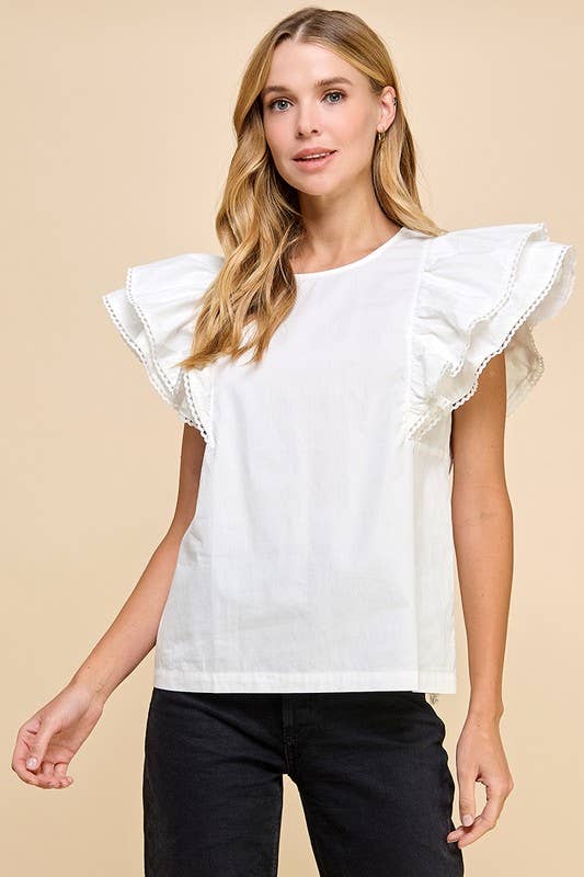 TCEC Contrast Color Trim Ruffle Sleeve Top