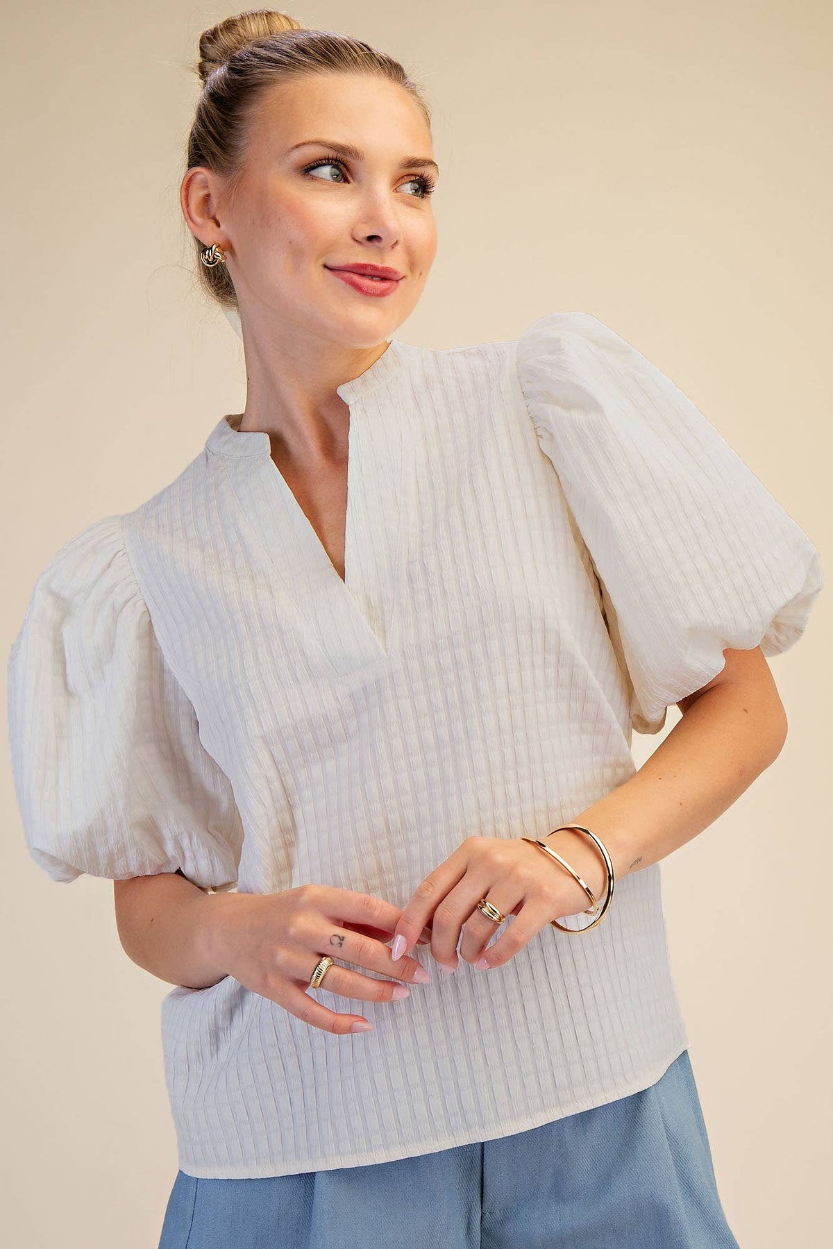 Glam Off-White Puff Sleeve Top (T9256)