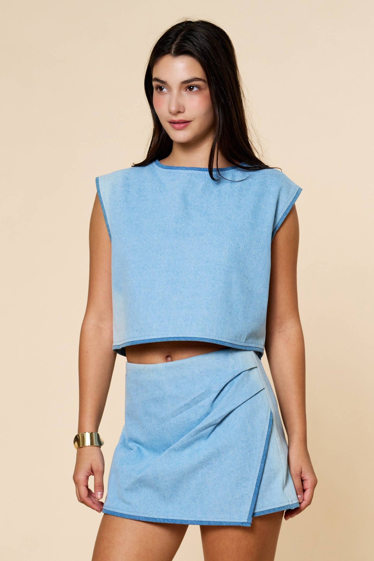 Denim Contrast Top with Wrap Skirt