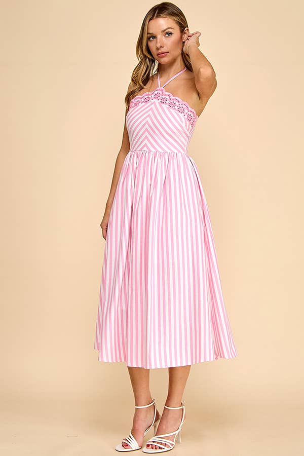 Baby Pink White/Pink Scalloped Halter Midi Dress