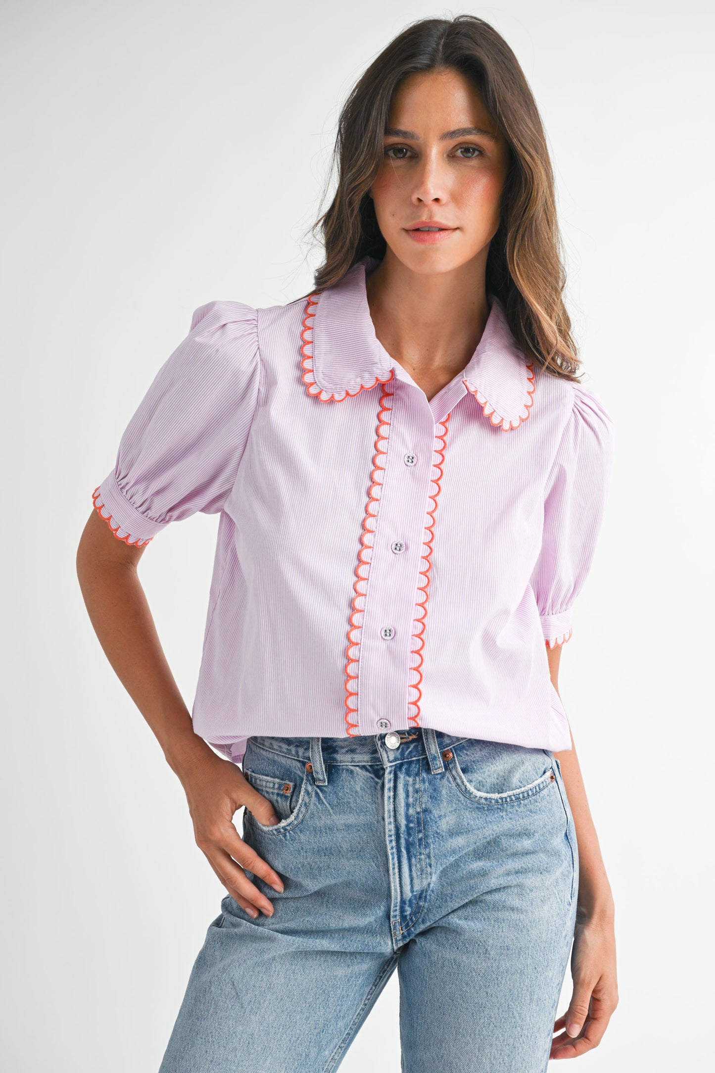 Mable Pink Scallop Trimmed Button Down Shirt