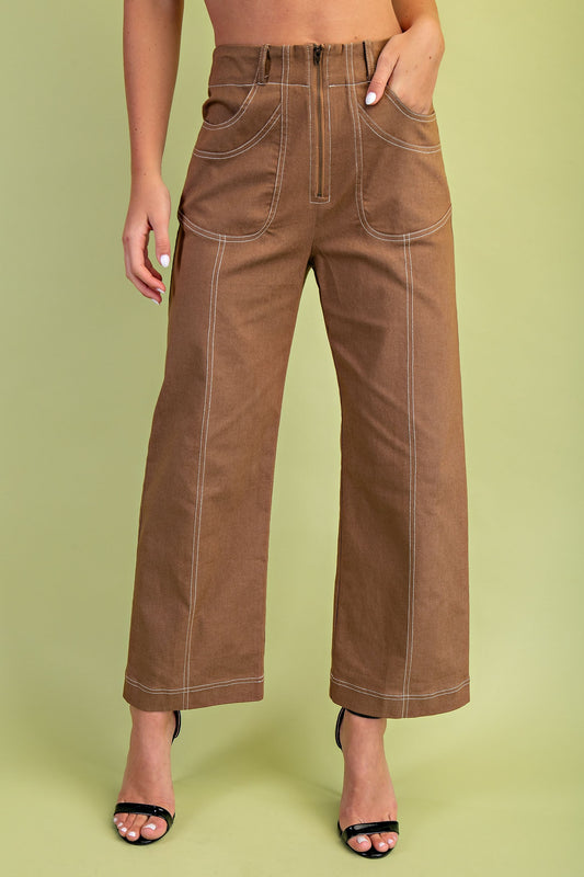 Ankle Cropped Exposed Zipper Pants Brown