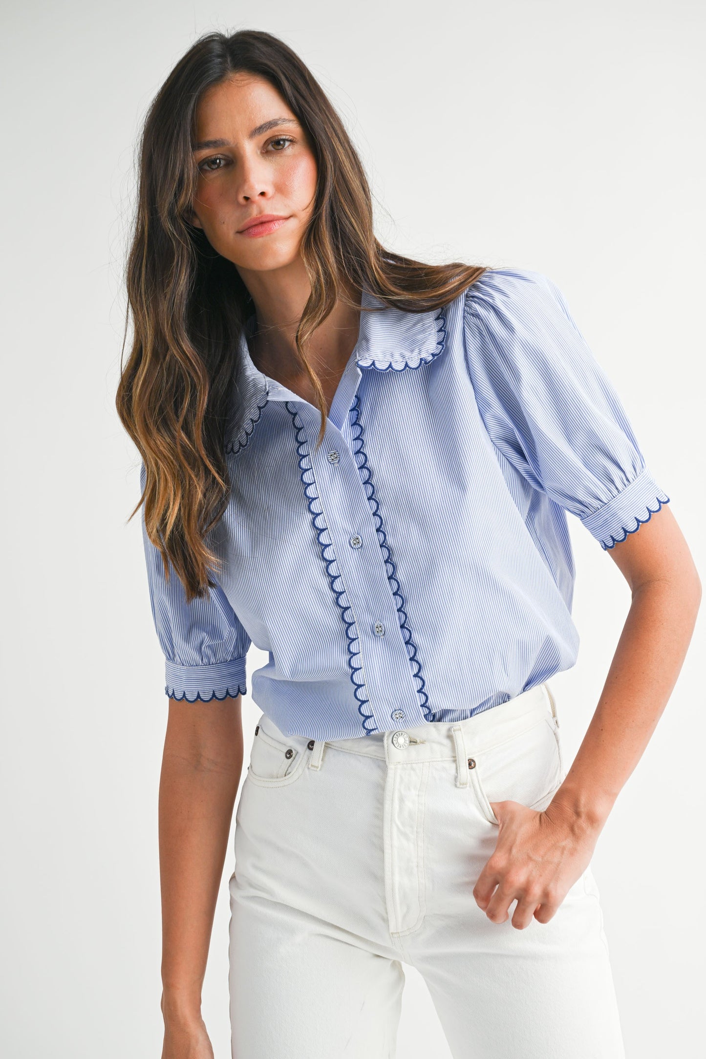Mable Blue Scallop Trimmed Button Down Shirt
