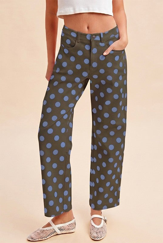 Anniewear Dark Olive/Blue Polka Dot Wide Straight Leg Pants (AP6809J)