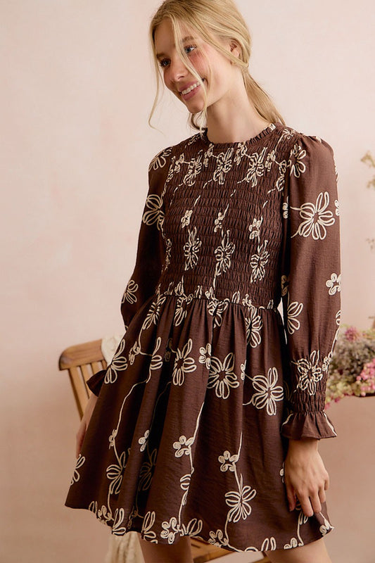 So Me Brown Floral Smocked Long Sleeves Mini Dress (SD7776A-01)