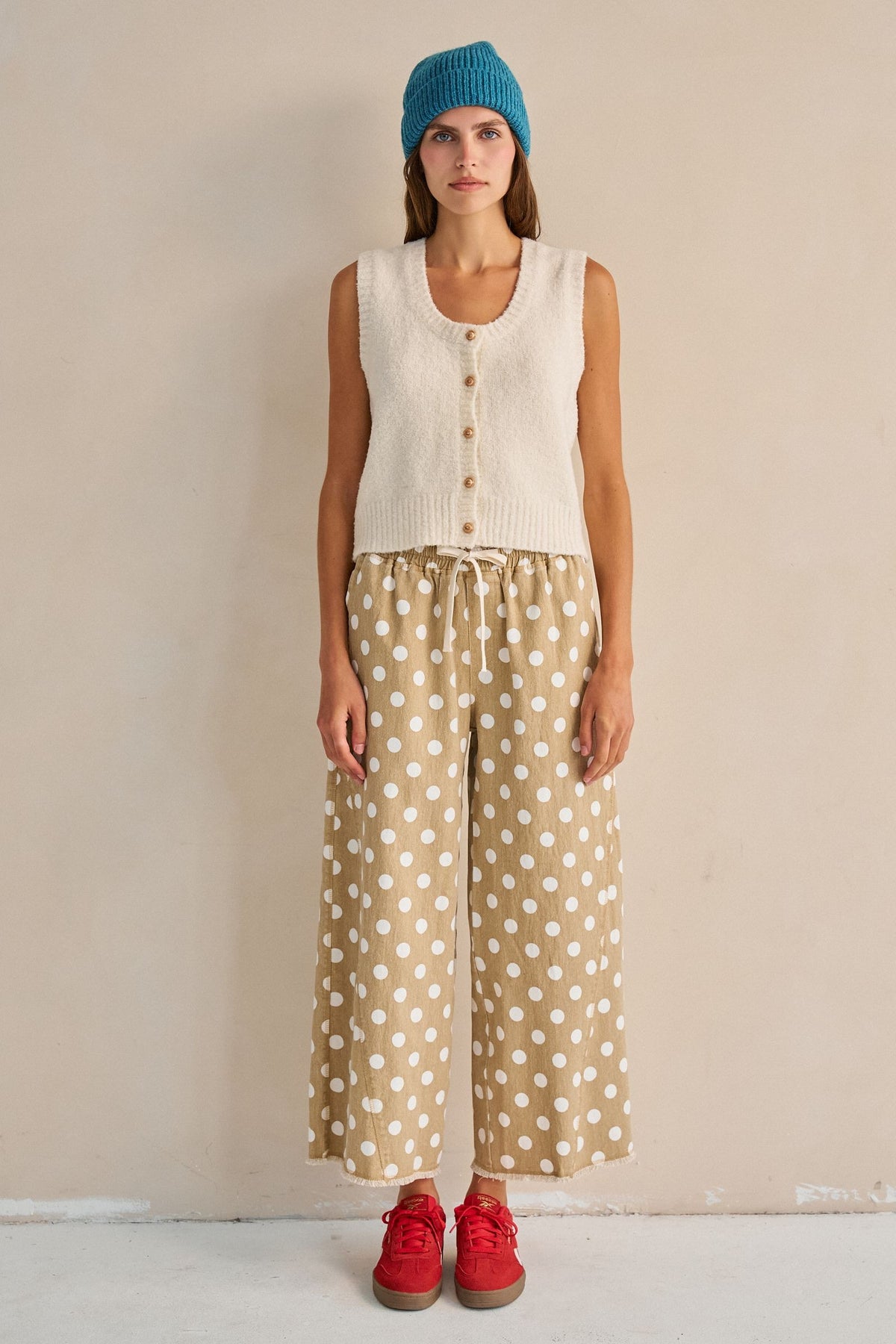 Jade by Jane Beige Polka Dot Raw Hem Wide Leg Pants (JJB8364)