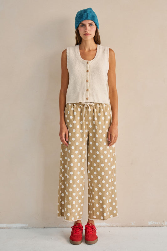 Jade by Jane Beige Polka Dot Raw Hem Wide Leg Pants (JJB8364)