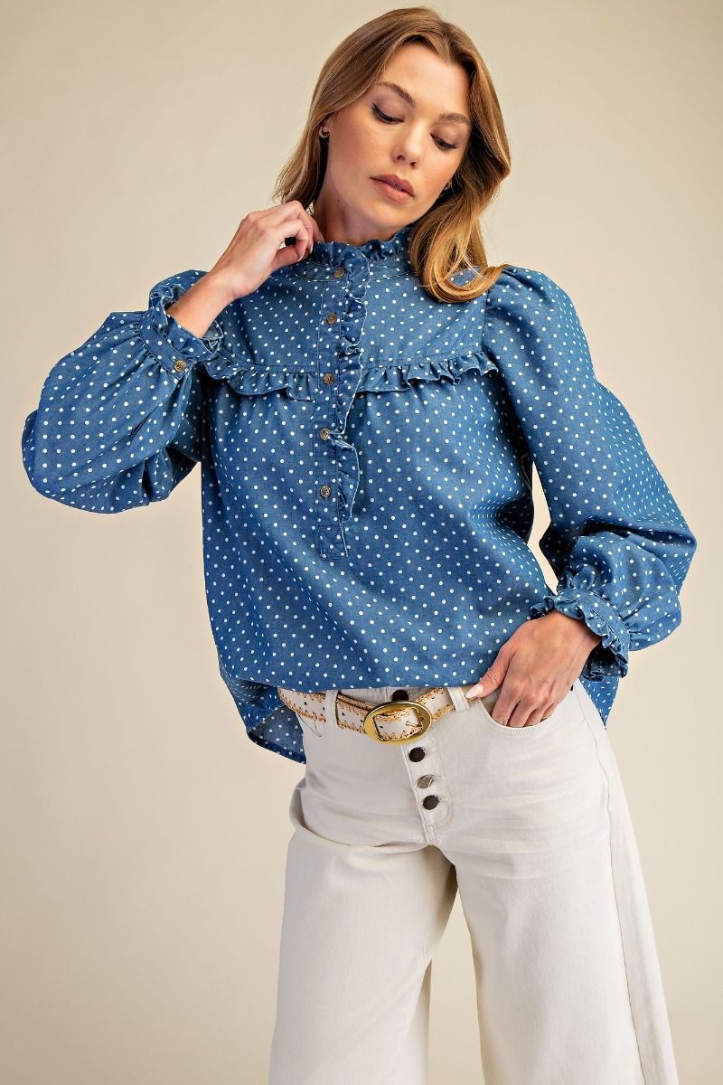 Easel Denim Polka Dot Top (ET71749)