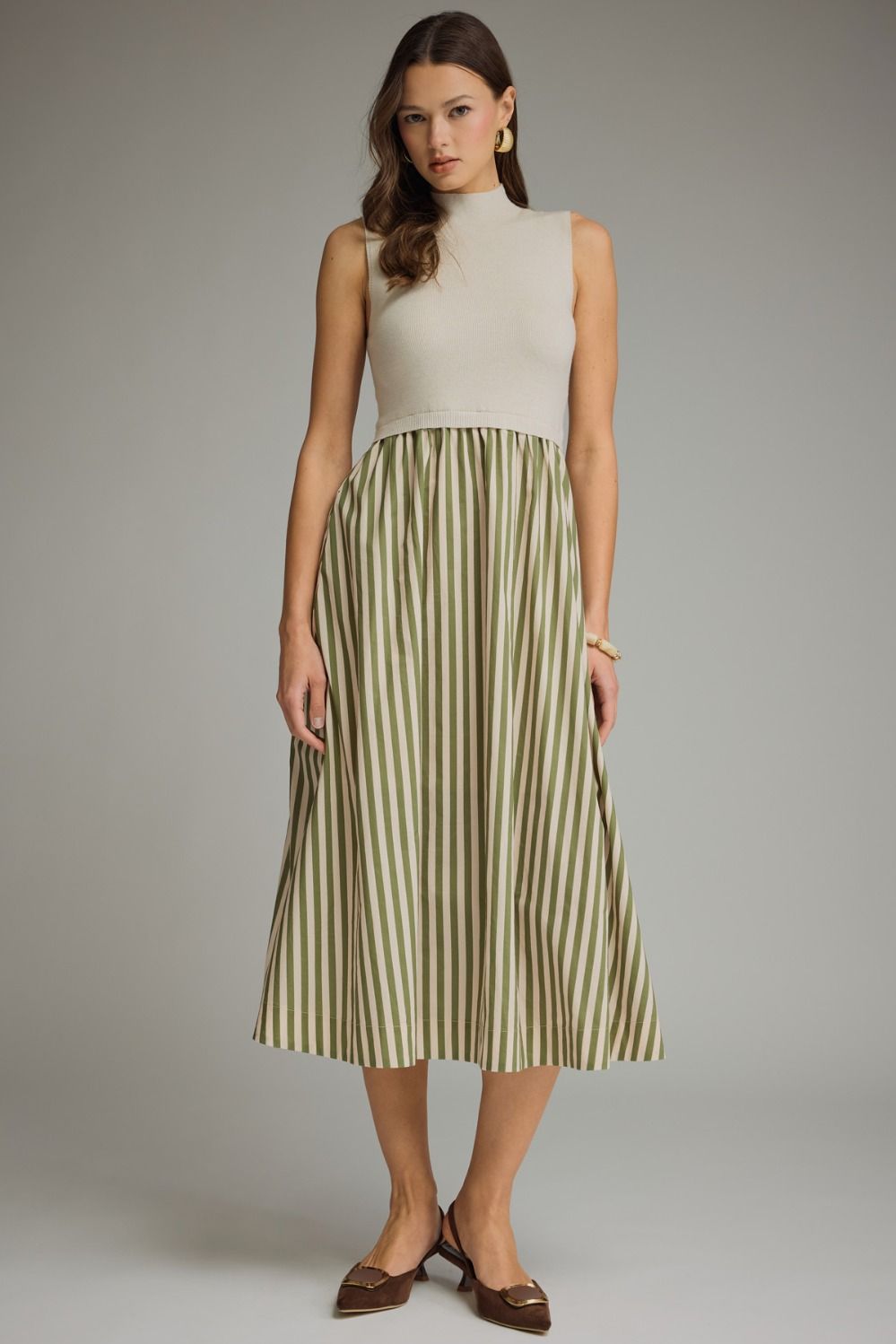 Entro Ecru Mock Neck Sleeveless Midi Dress (D32237)