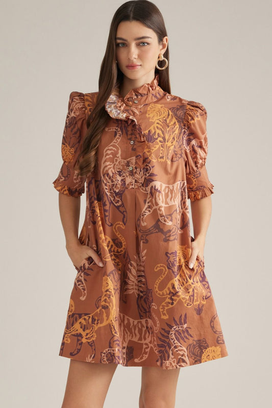 Entro Brown Tiger Puff Sleeve Mini Dress (D33702)