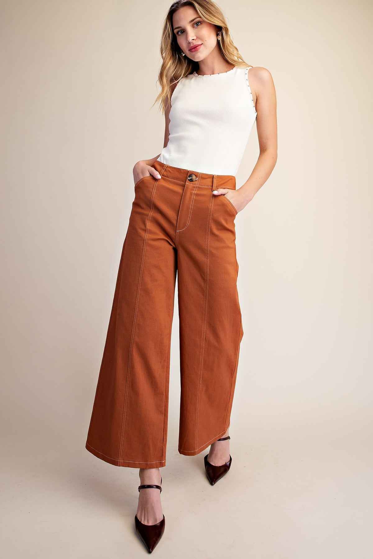 Glam Camel High Rise Stitch Seamed Stretch Wide Leg Pants (P8287)