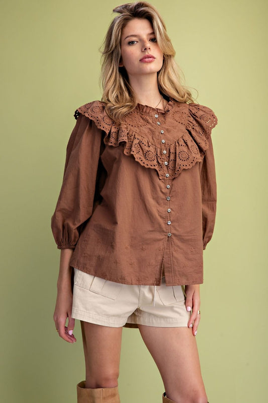 Easel Brown Crochet Lace Top (ST100180)