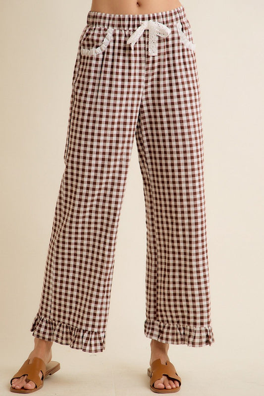 So Me Brown Gingham Lace Ruffled Pull On Pants (SB8774F-01)