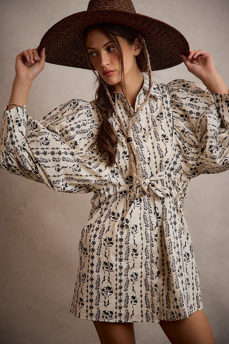 So Me Cream Floral Long Sleeve Tie Waist Mini Dress (SD7763F-01)