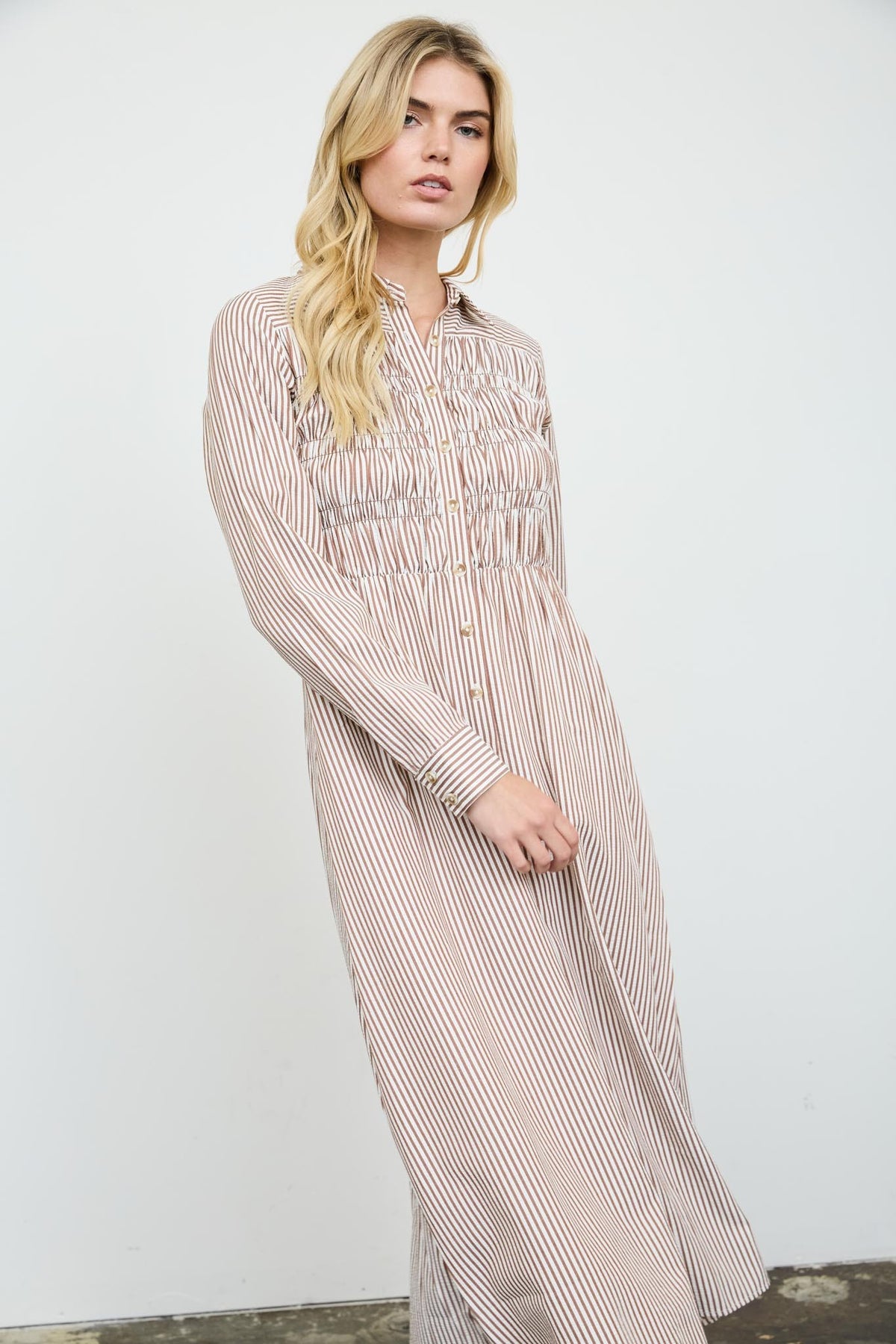 Blu Pepper Brown Stripe Long Sleeve Shirt Dress (CR3122)