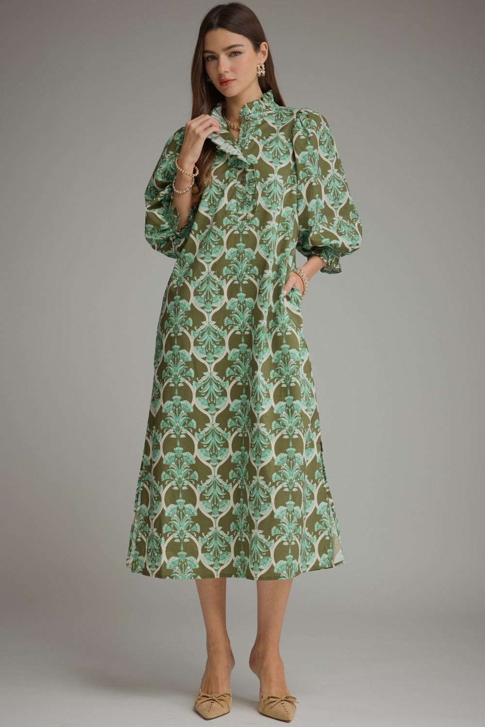Entro Olive Botanical Ruffle Neck Midi Dress (D34099)