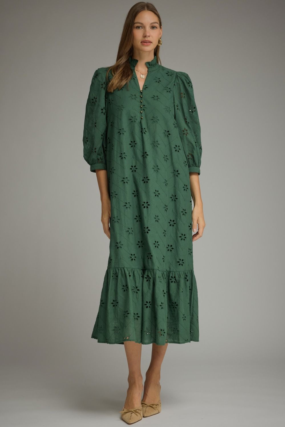 Entro Hunter Green Eyelet Midi Dress (D34091)