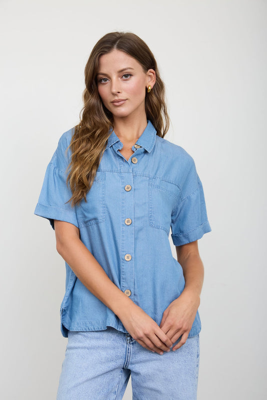 Blu Pepper Chambray Button Down Short Sleeve Top (CR3146)