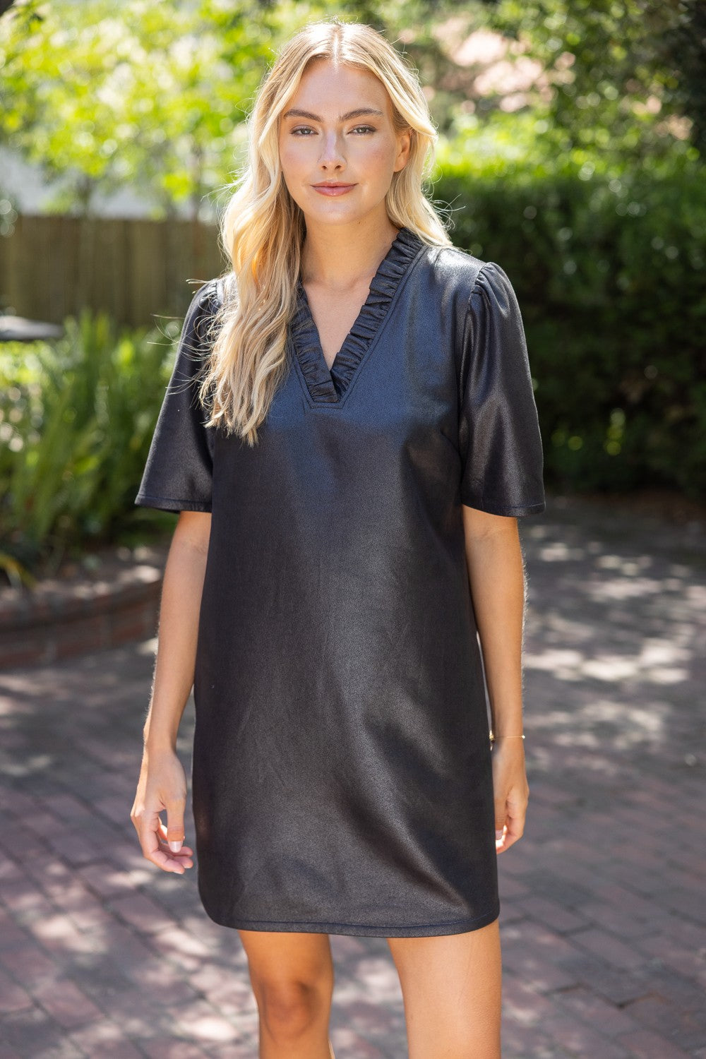 Voy Black Ruffled V-neck Faux Leather Shift Dress