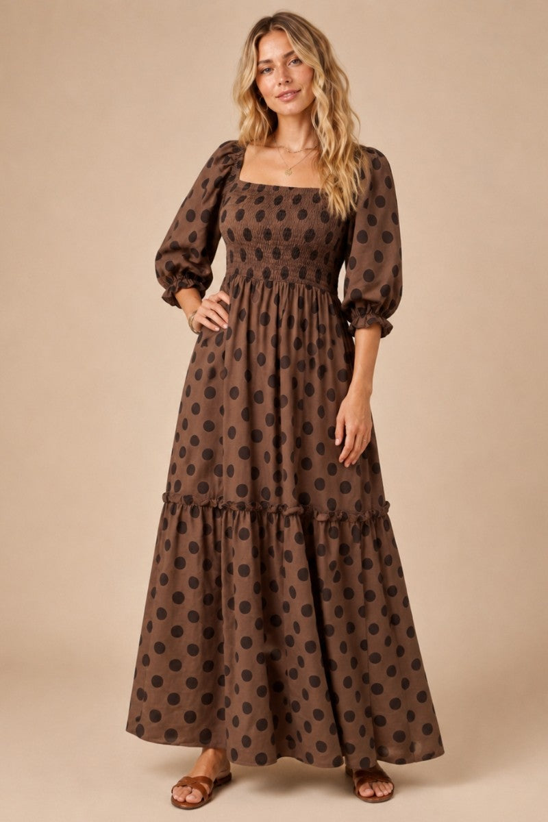 J. NNA Mocha Polka Dot Maxi Dress (JD27230)