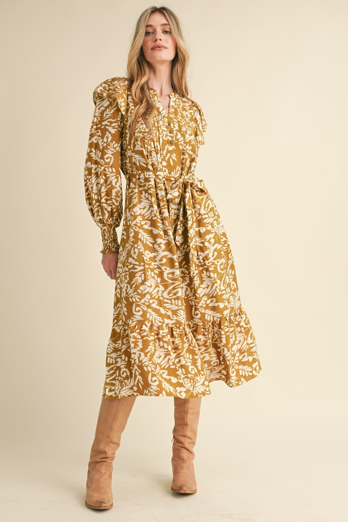 &Merci Golden Kiwi Pintuck Ruffled Midi Dress (MDR3315-MW)