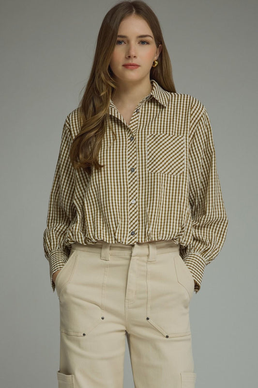 Entro Dijon Gingham Long Sleeve Top (T31951)