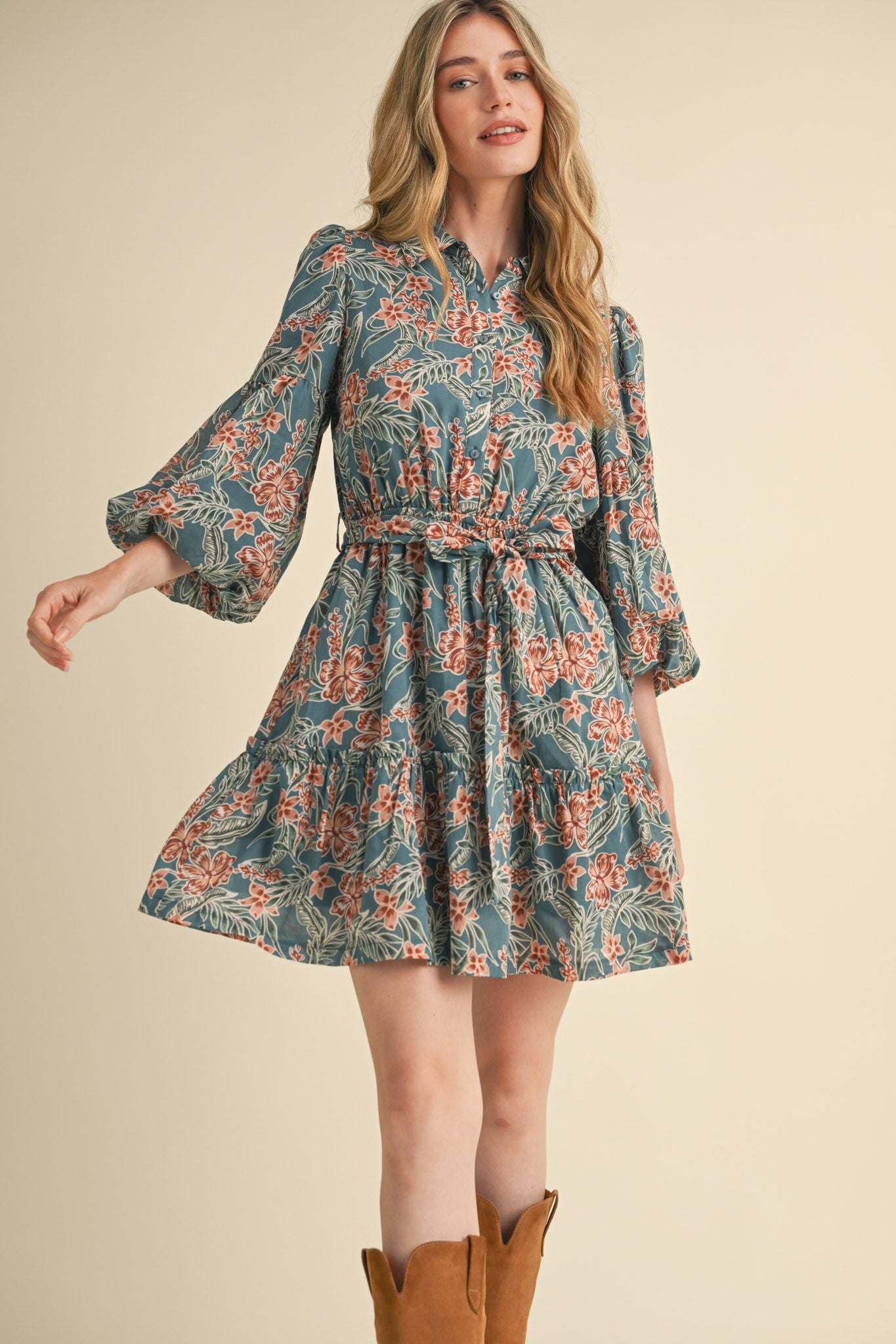 &Merci Dusty Turquoise Bubble Sleeve Mini Dress (MDR3433-BC)