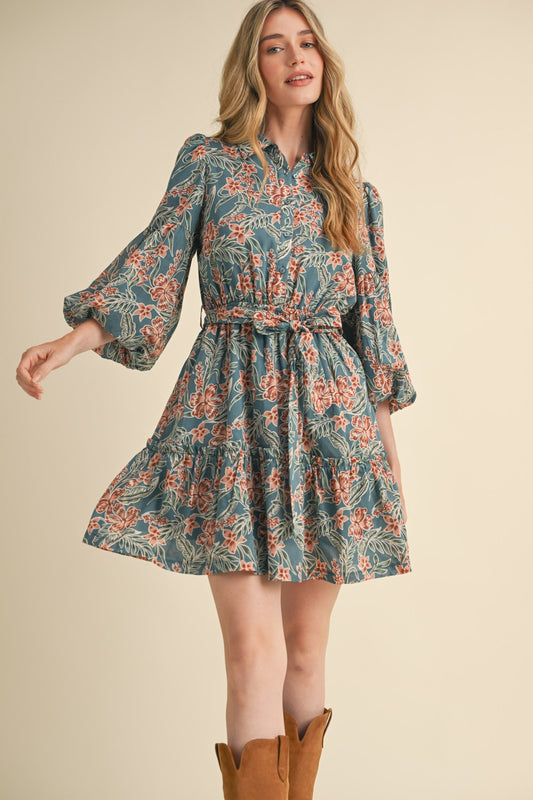&Merci Dusty Turquoise Bubble Sleeve Mini Dress (MDR3433-BC)