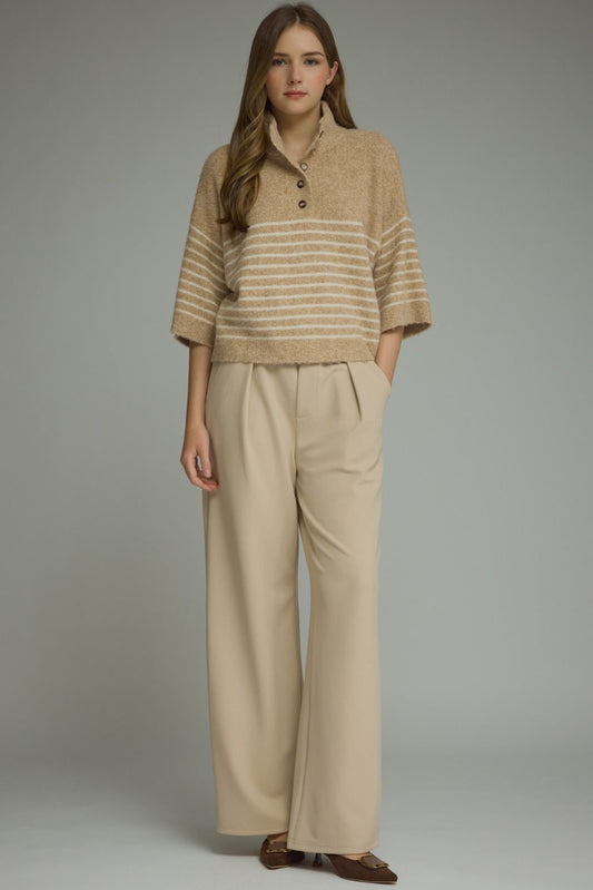 Entro Camel Short Sleeve Striped Sweater (T32357)