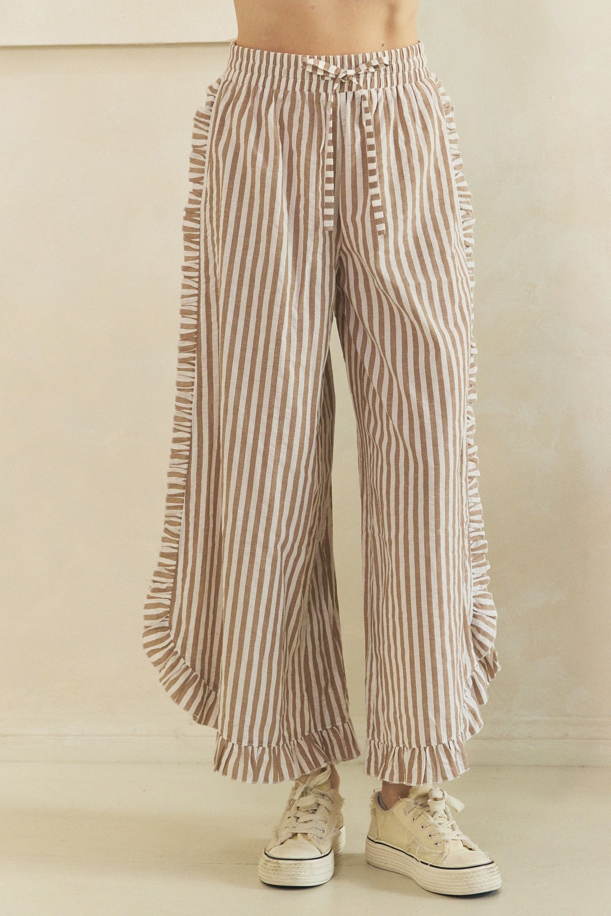 Veveret Mocha/White Striped Linen Wide Leg Pants