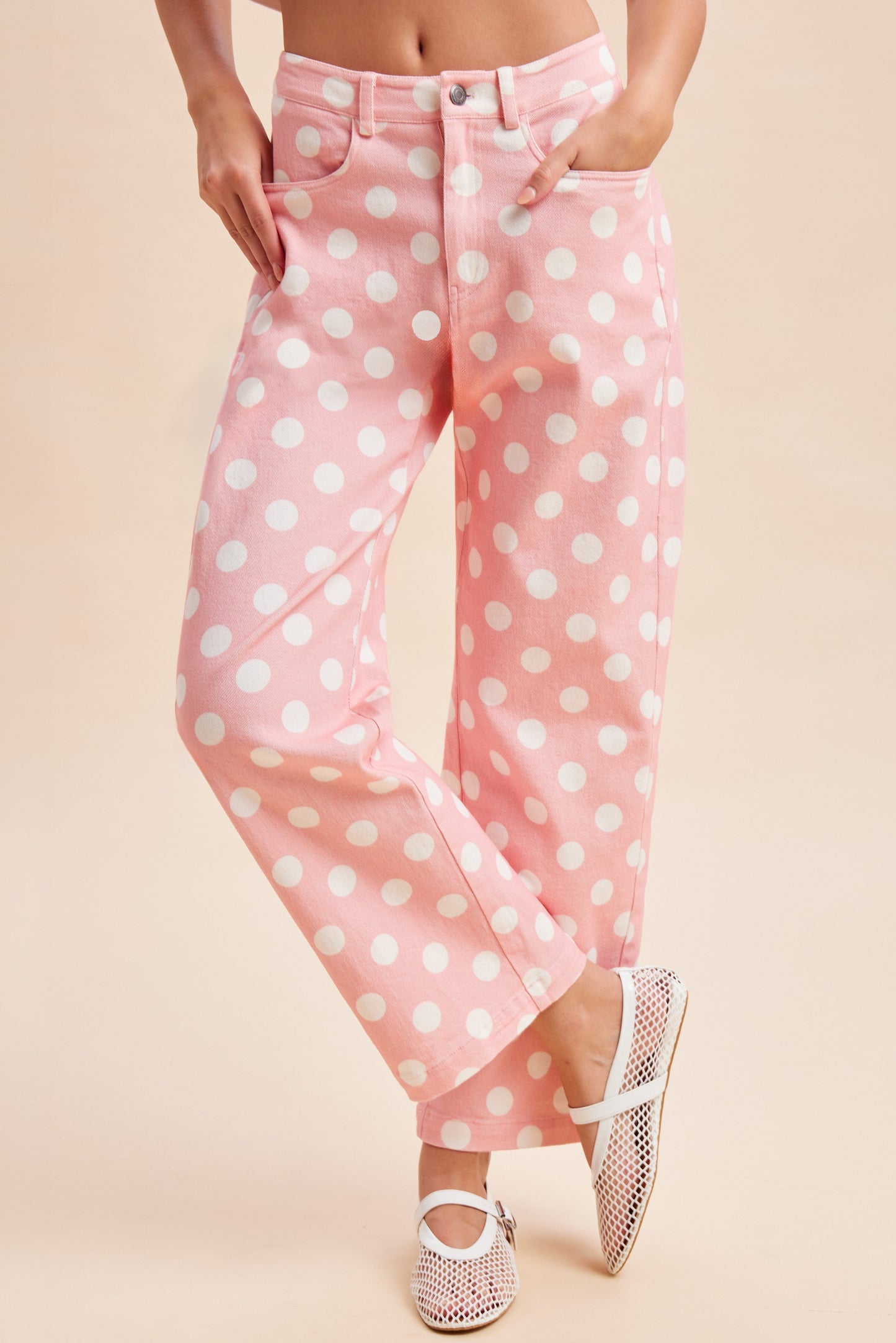 Anniewear Pink Polka Dot Wide Straight Leg Pants