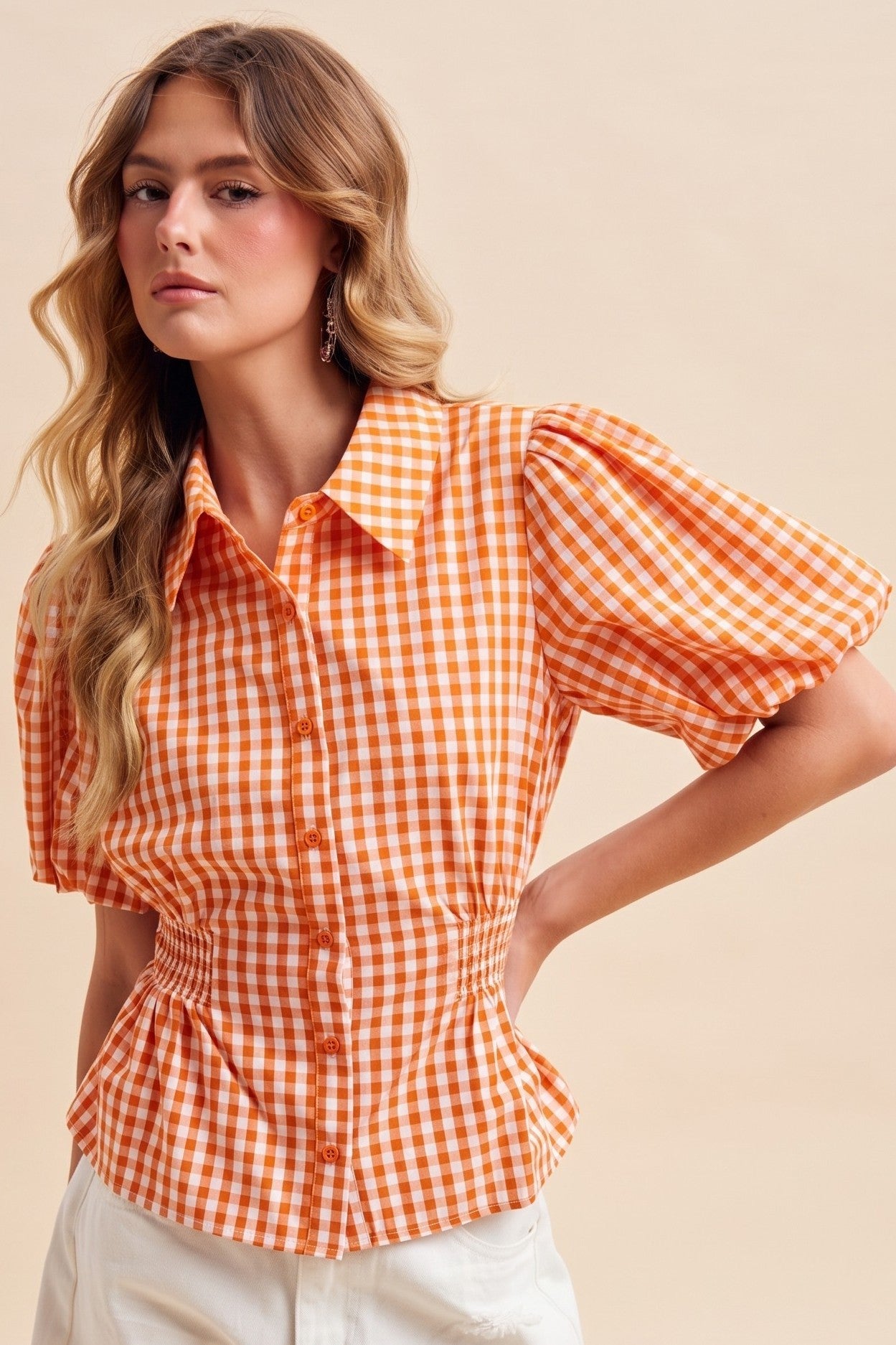 Anniewear Orange Gingham Balloon Sleeve Top