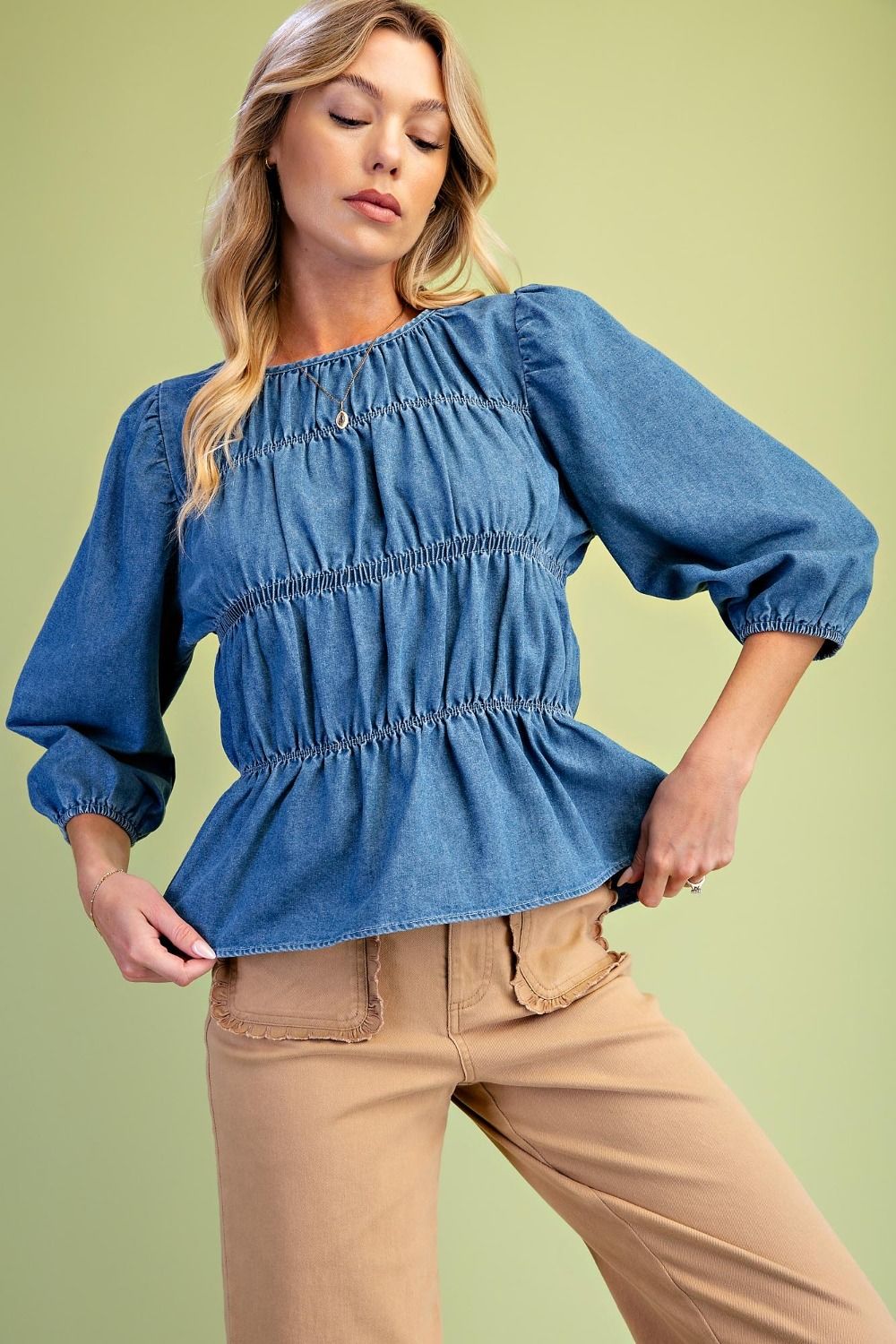 Easel Denim Long Sleeve Peplum Top