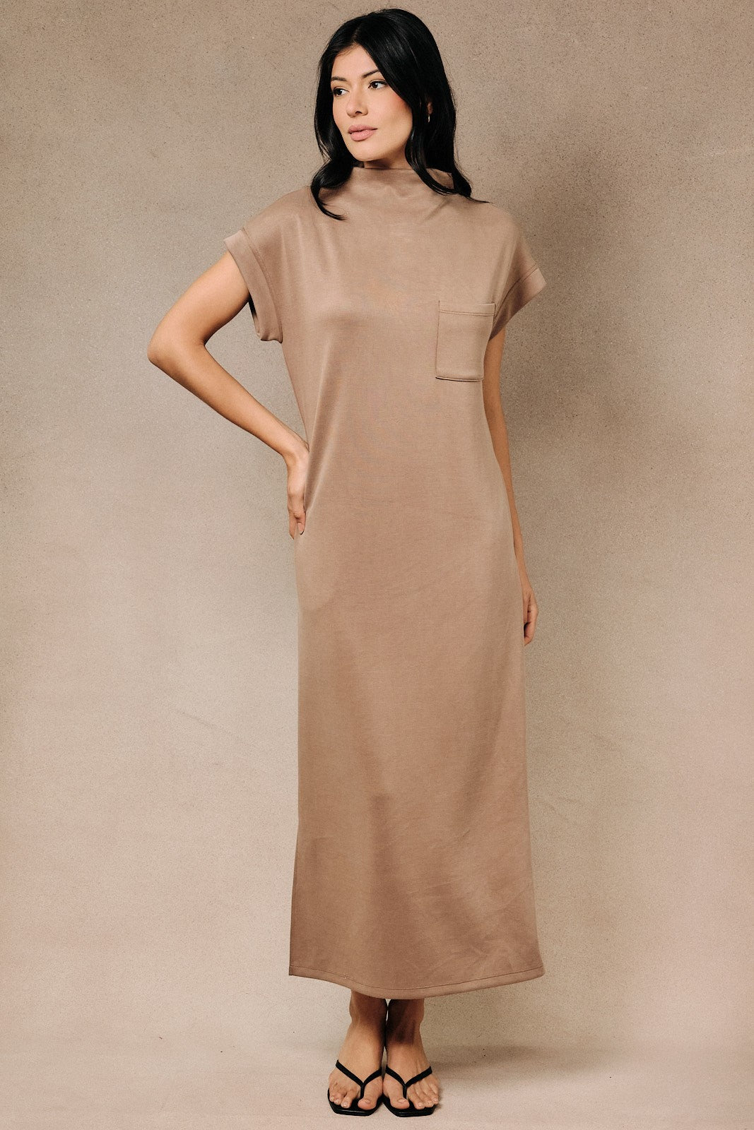Sunday Edition Taupe High Neck Cuffed Cap Sleeve Pocketed Midi Dress (AD5775)
