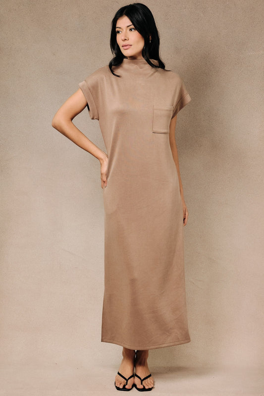Sunday Edition Taupe High Neck Cuffed Cap Sleeve Pocketed Midi Dress (AD5775)