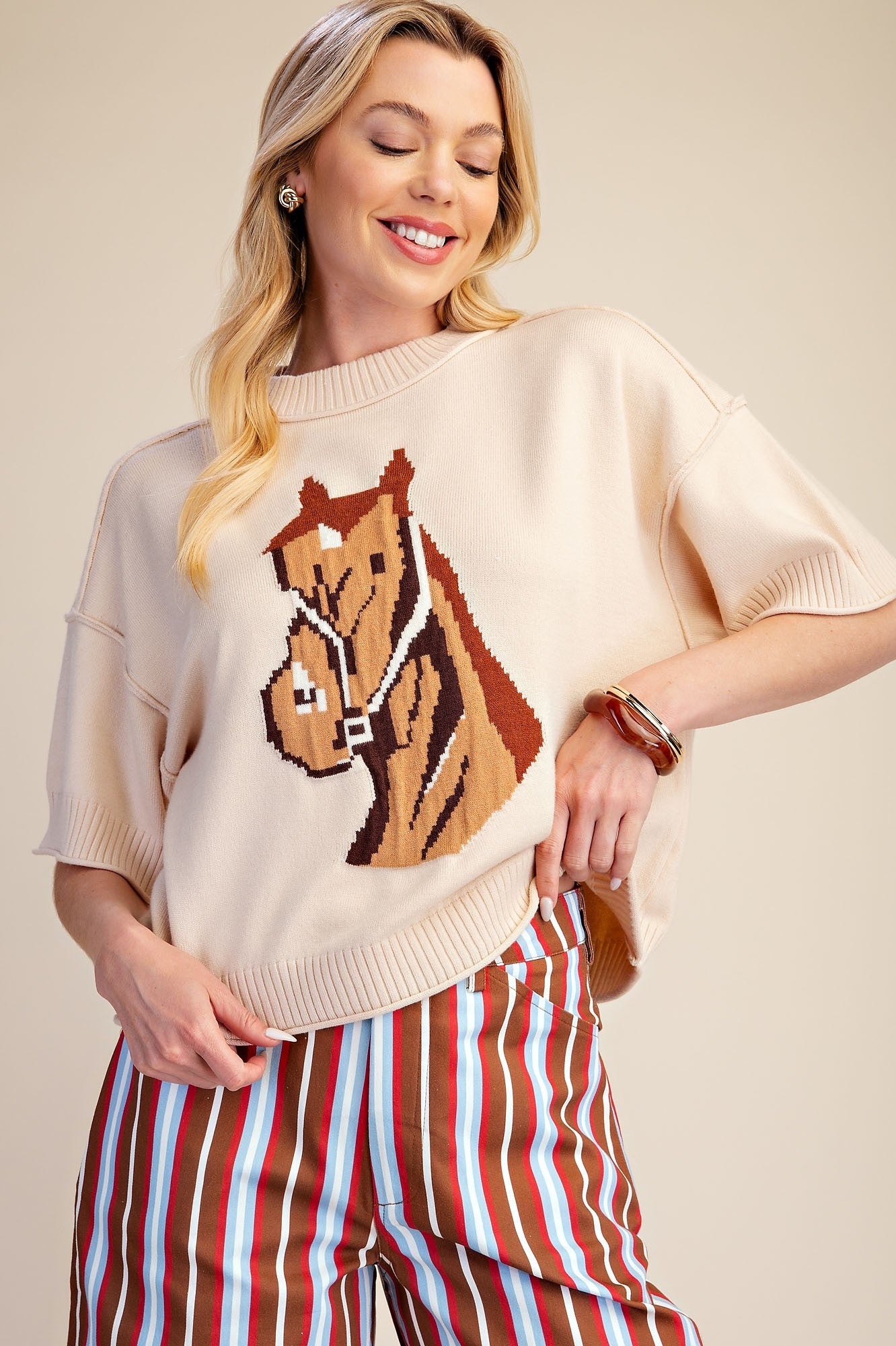 Glam Beige Western Horse Crew Neck Sweater (SW8267)