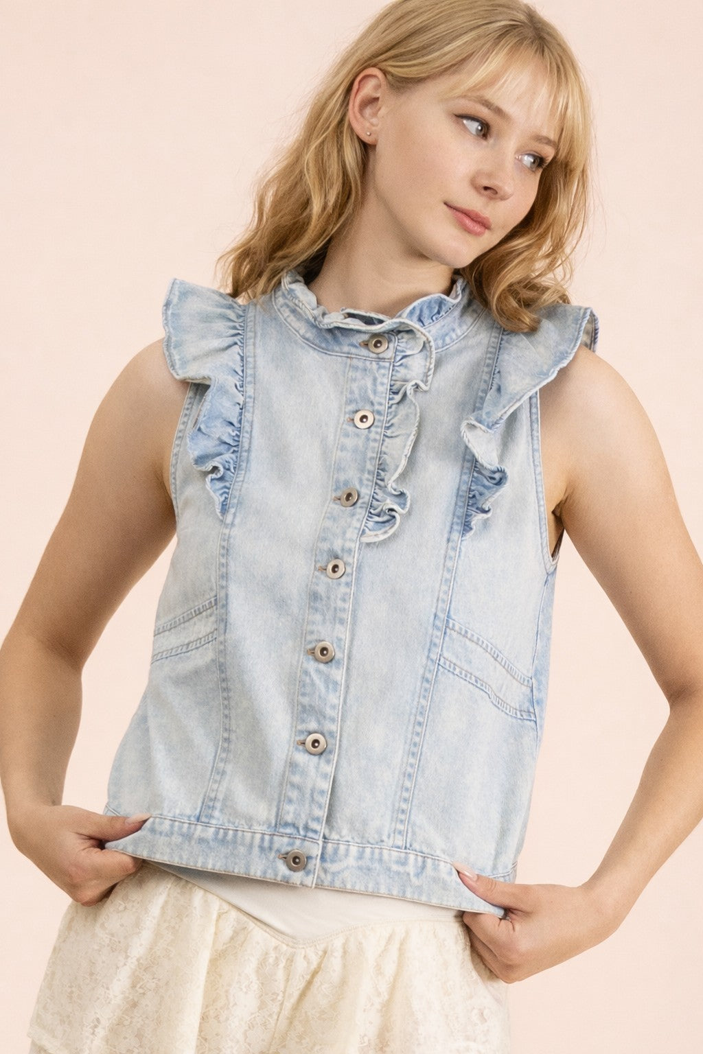 Very J Light Indigo Ruffled Denim Vest (VJT80095)