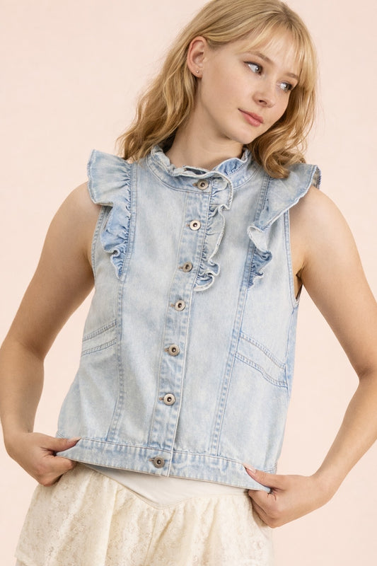 Very J Light Indigo Ruffled Denim Vest (VJT80095)