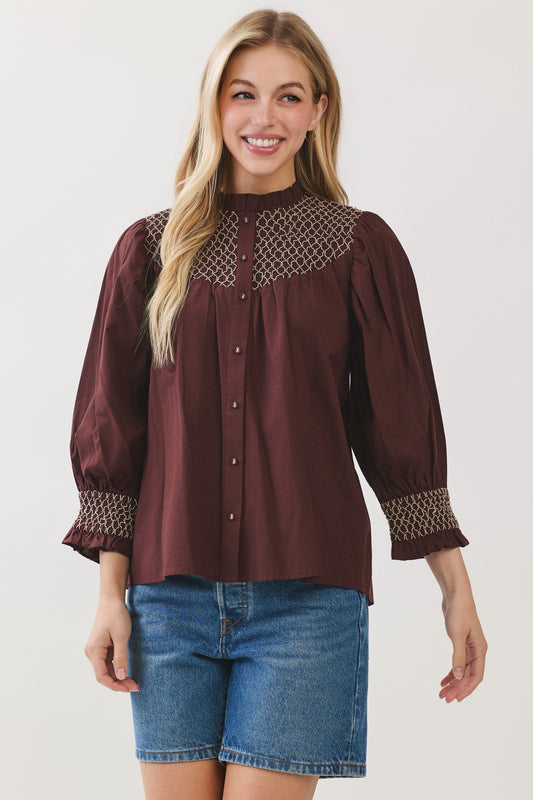 Pinch Brown Embroidered Button Down Top (4951TC)