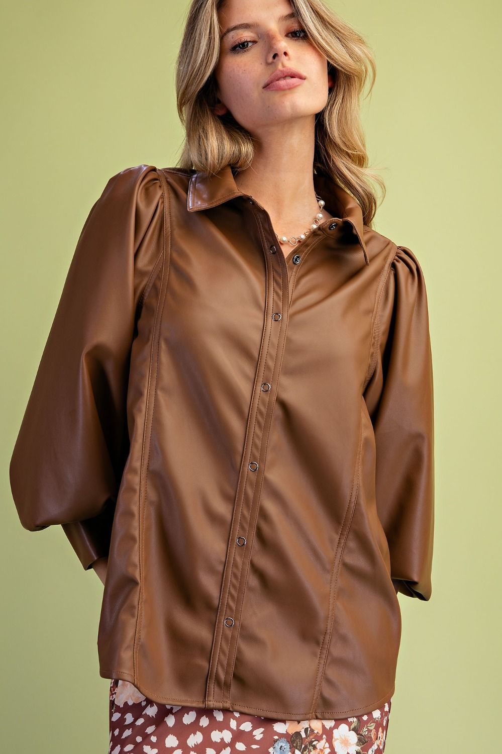 Easel Brown Faux Leather Button Down Top (ST100262A)