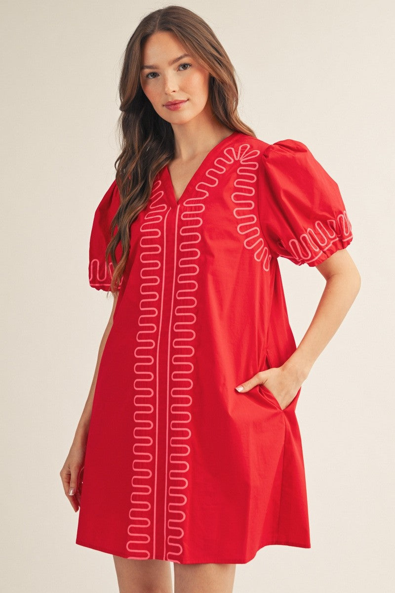 Jodifl Red Puff Sleeves Embroidered Shift Dress (B14025)