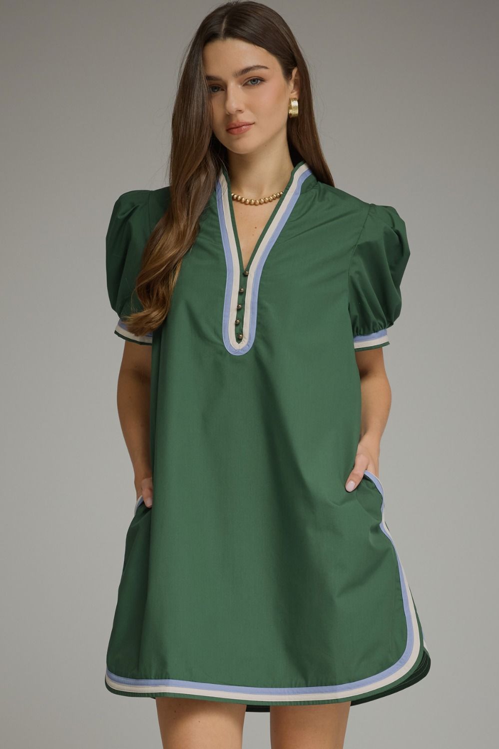 Entro Hunter Green Puff Sleeve Mini Dress (D32874)